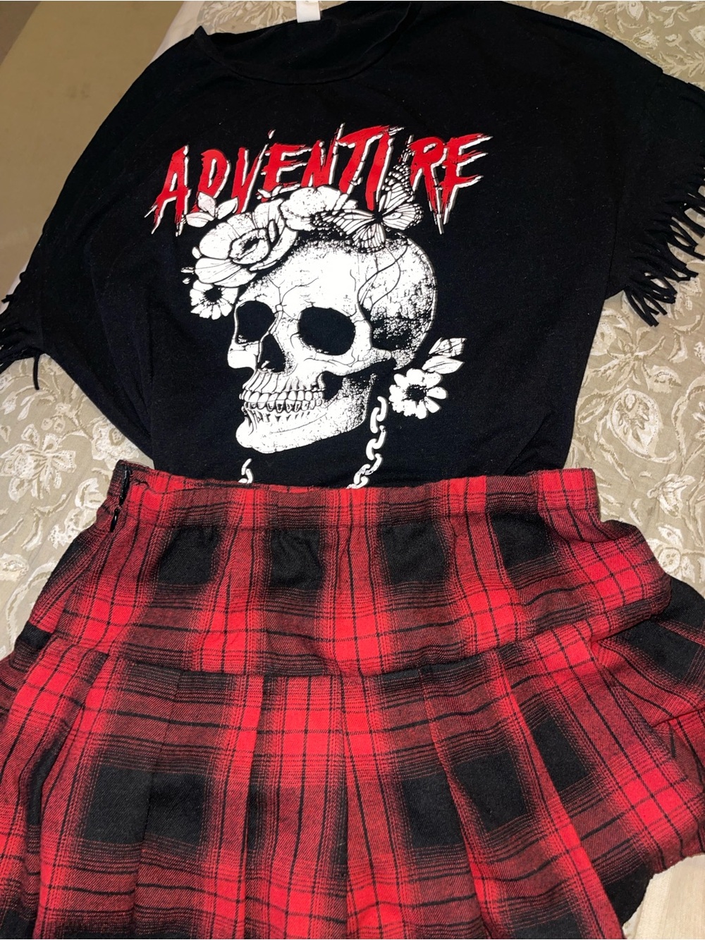 Black 'Adventure' Skull Graphic Tee with Red Plaid Skort skirt